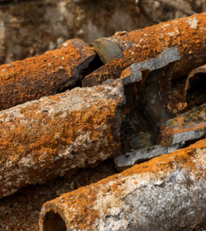 Close-up of corroded cast iron pipes with visible rust for infrastructure maintenance
