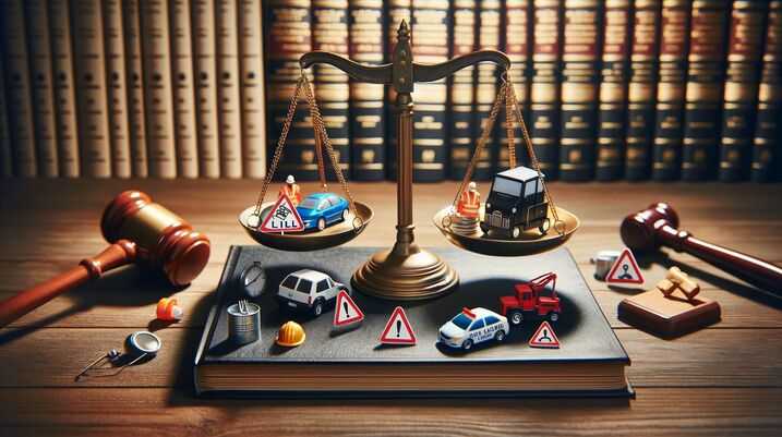 Legal balance scale tipped with personal injury symbols: toy cars, slip and fall signs, construction hats, against a backdrop of law books and a gavel, for a blog about unbelievable injury cases