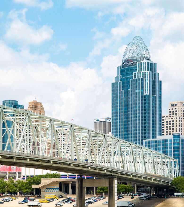 Cincinnati skyline with bridge, a key area for personal injury lawyers in Cincinnati.