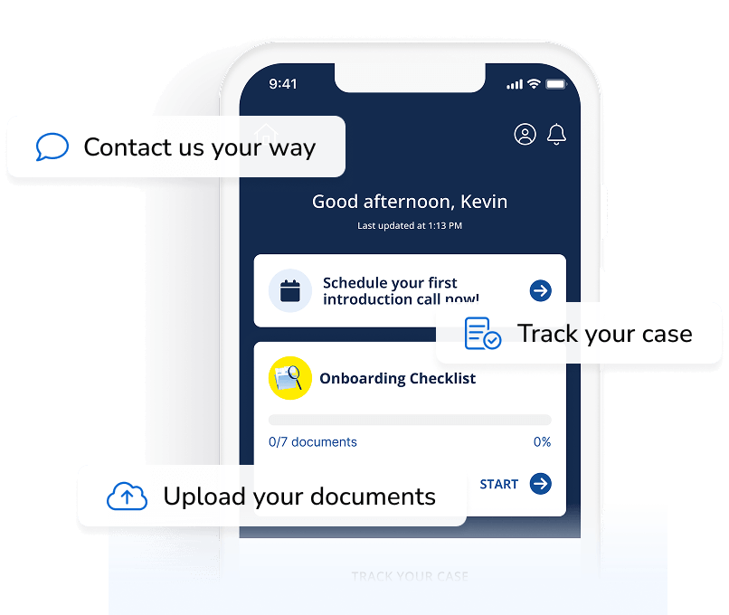 The Morgan & Morgan app, showing how to contact us your way, track your case and upload your documents.