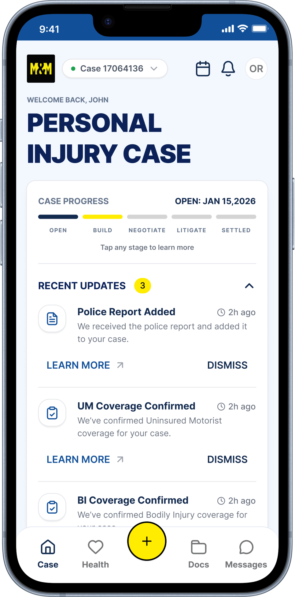 Case progress and recent updates in the Morgan & Morgan app