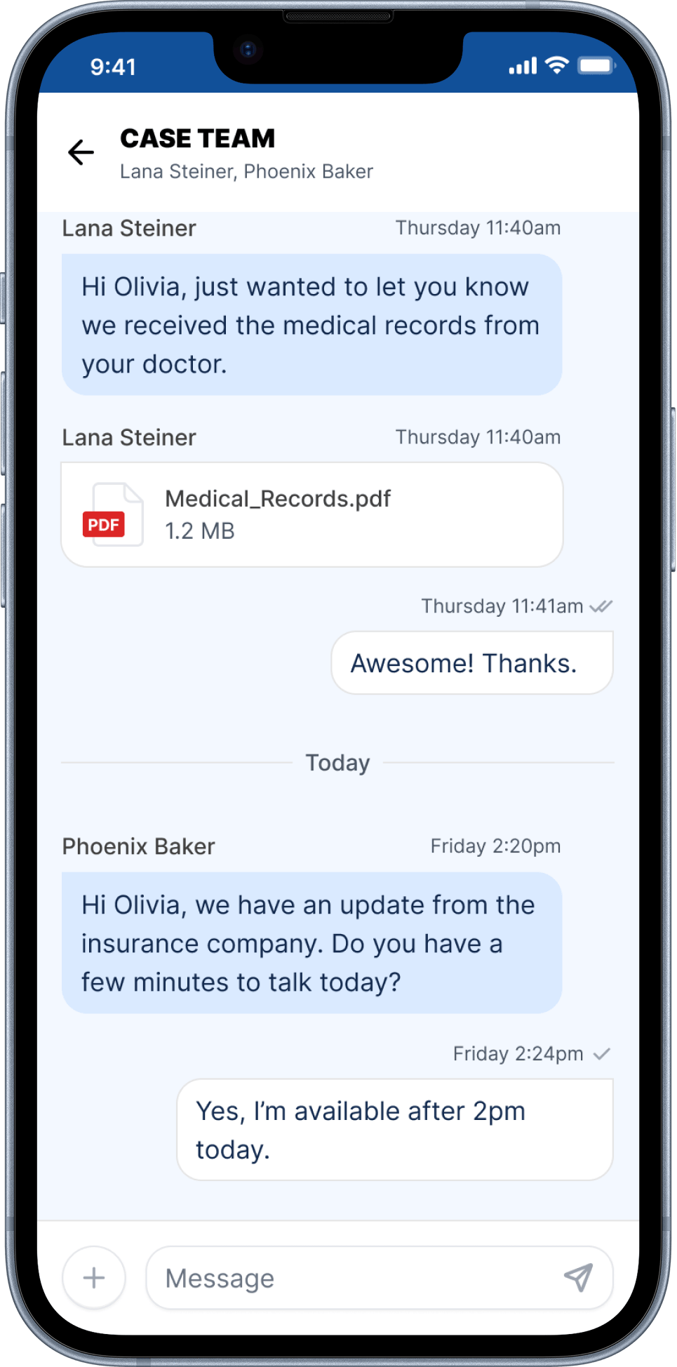A conversation with your case team in the Morgan & Morgan app