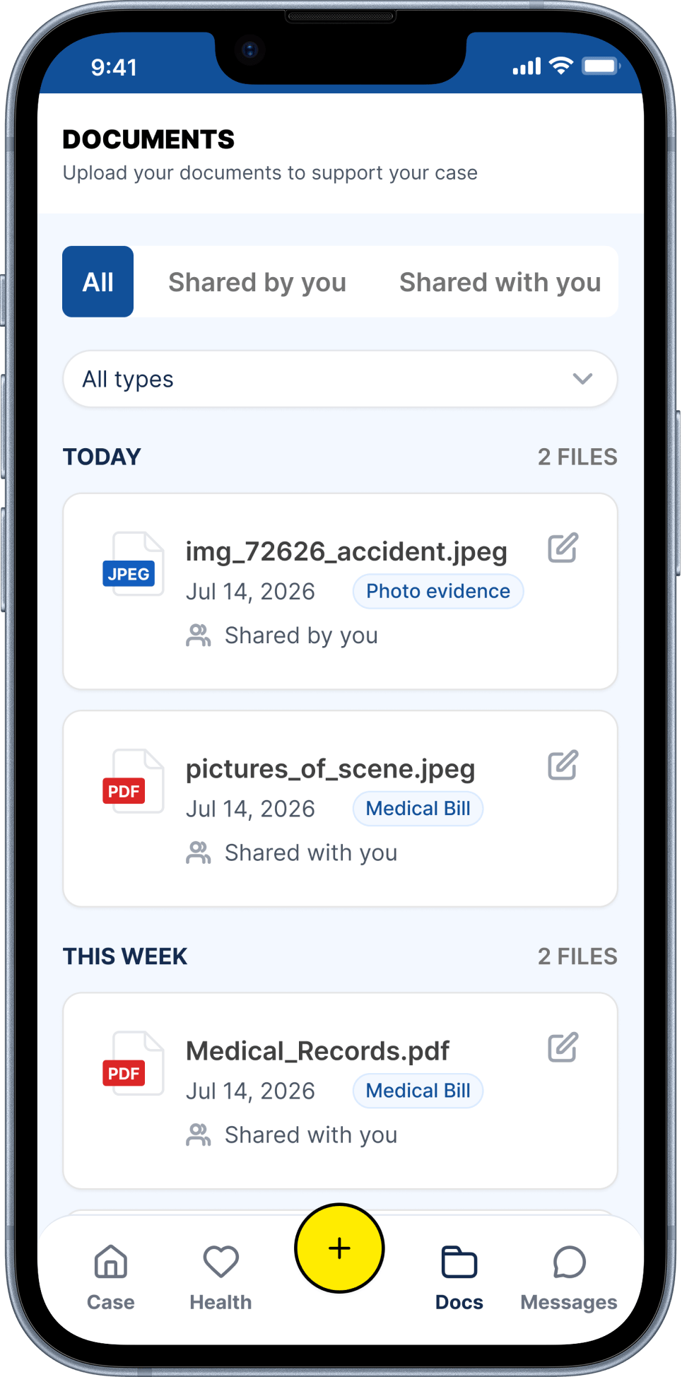 Documents and evidence in the Morgan & Morgan app