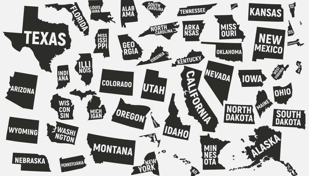 Black and white graphic map of the United States with state names labeled