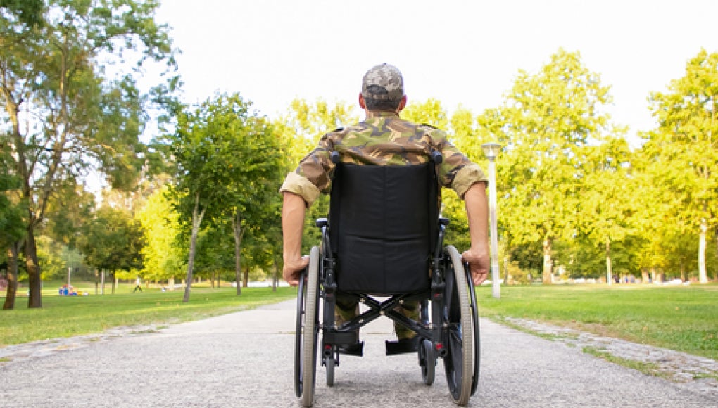 veteran in a wheelchair with their back towards the viewer 