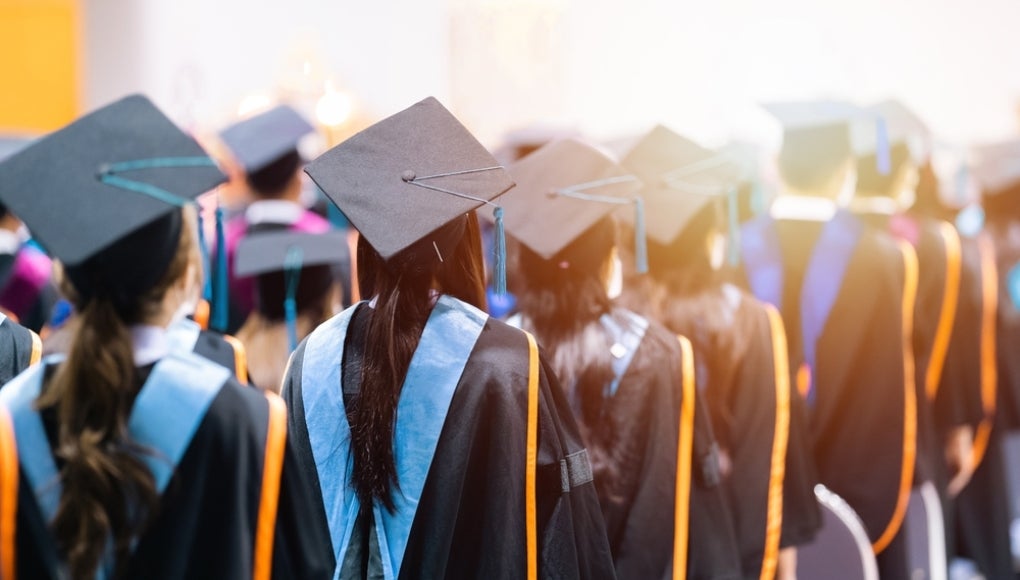 Rearview of university graduates wearing an academic gown on commencement day.