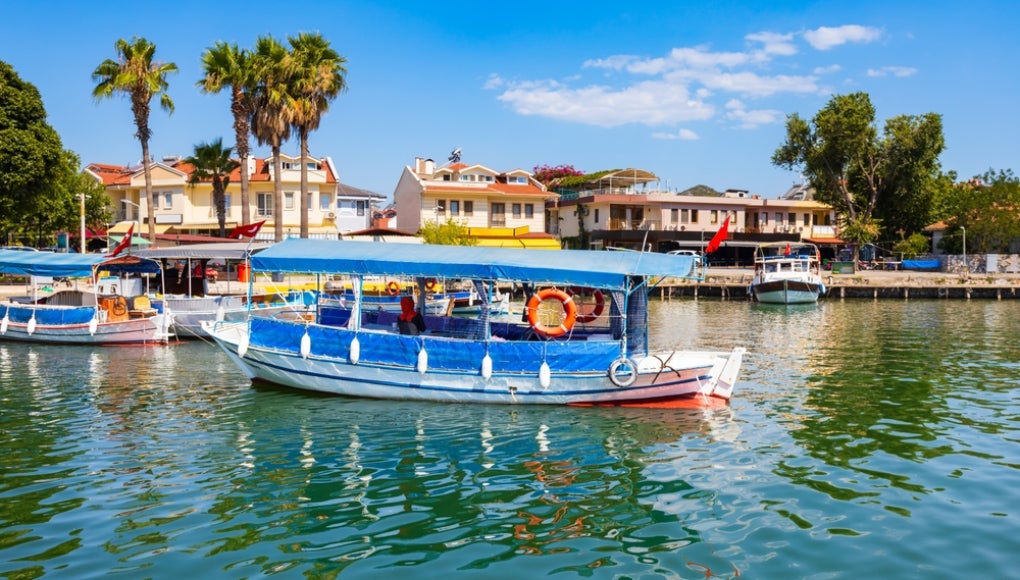 Boats at Dalyan river in Dalyan town in Mugla Province, Turkey