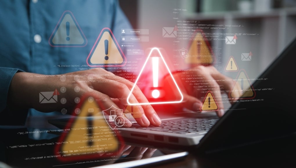 Cyber security risk concept, system alert on interface, hacking, IT system breach, AI-powered security alert.