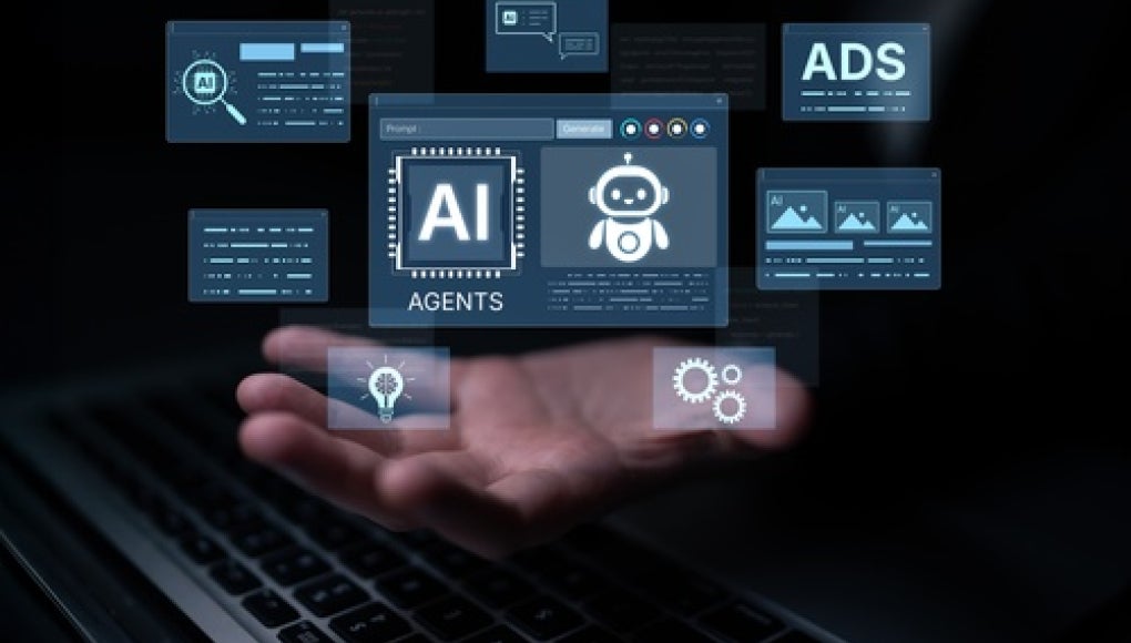 graphic of various AI chatbot and agent screens, ads, and texts with a person holding the floating screens in the palm of their hand
