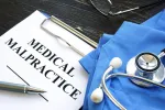 clipboard with medical malpractice written on it, with folded medical scrubs and stethoscope nearby