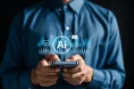 person holding phone with floating AI symbol and soundwave glowing above the phone
