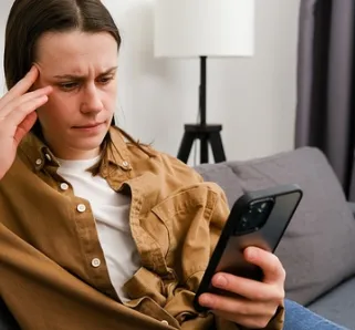 person upset looking at phone reading messages