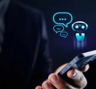 person holding phone with a ai chat bot illustrated floating above it 