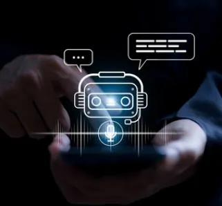 person holding a tablet with a ai chatbot floating above it staring at the user 