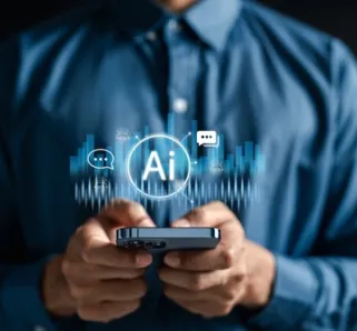 person holding phone with floating AI symbol and soundwave glowing above the phone