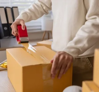 person packing cardboard boxes to ship item.
