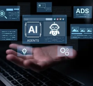 graphic of various AI chatbot and agent screens, ads, and texts with a person holding the floating screens in the palm of their hand