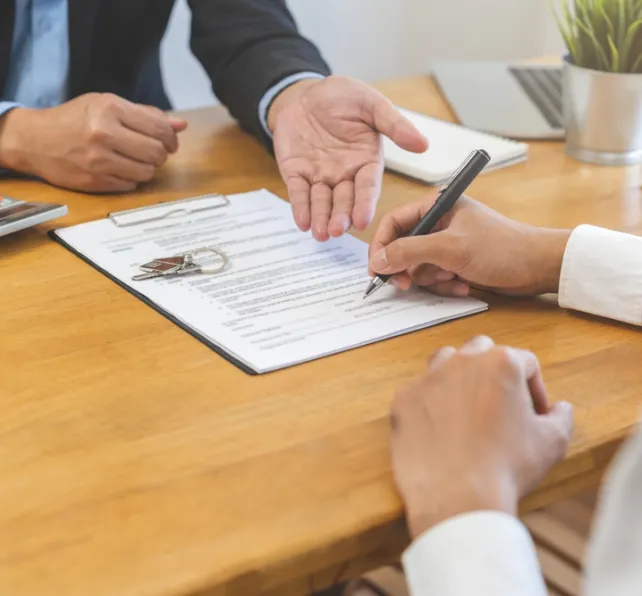 Asian tenant, client man sign signature contract rental purchase, buyer home or apartment with landlord, realtor after banker agreement mortgage, loan success or done. Property lease agent concept.
