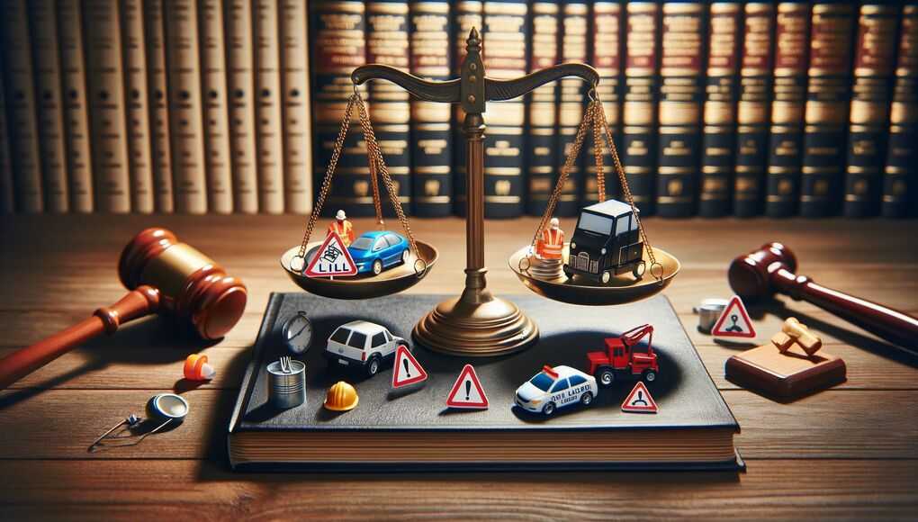 Legal balance scale tipped with personal injury symbols: toy cars, slip and fall signs, construction hats, against a backdrop of law books and a gavel, for a blog about unbelievable injury cases