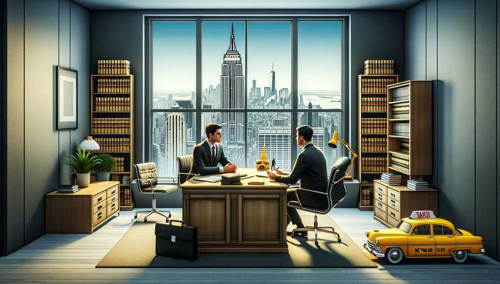 New York car accident law firm office with a clear view of the city skyline and Empire State Building from the window, featuring a lawyer consulting with a client and a yellow taxi model on the desk.