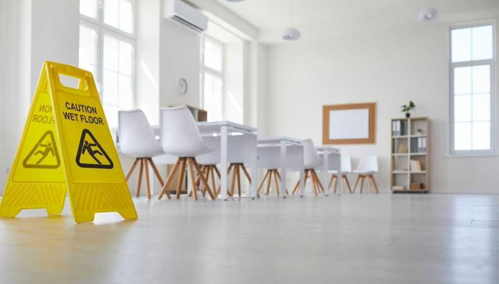 Yellow caution wet floor sign in spacious modern office with large windows and stylish furniture
