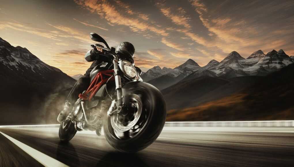Motorcyclist speeding on a scenic mountain road at sunset with dramatic sky and mountain backdrop.