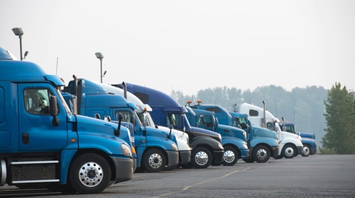Semi trucks lined up at a rest stop