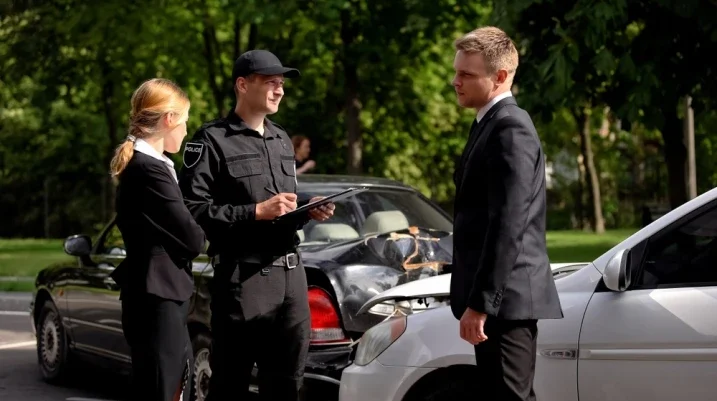 Policeman writing Police Report After an Accident