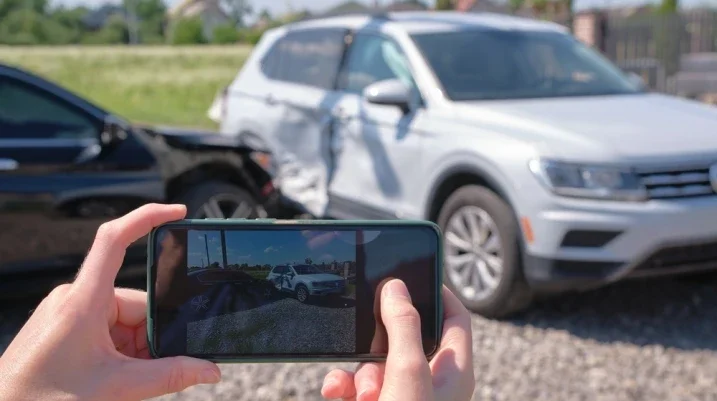 Someone taking a picture of a car crash