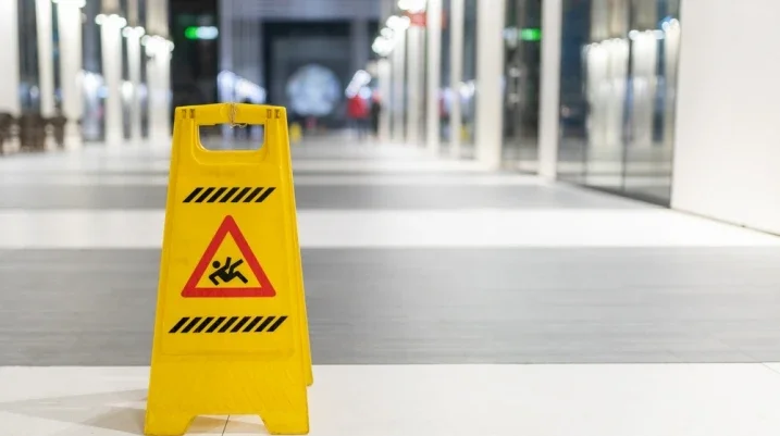 Caution wet floor sign in hallway