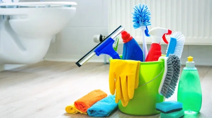 cleaning supplies in a bathroom