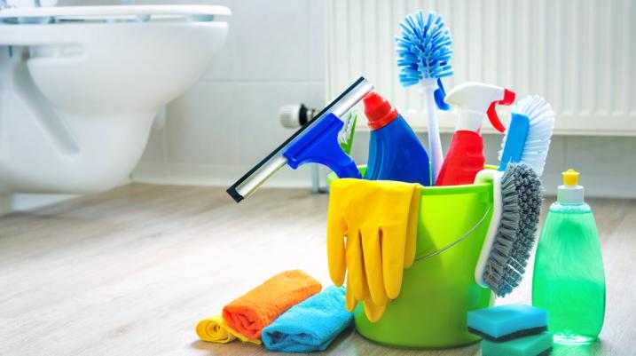cleaning supplies in a bathroom