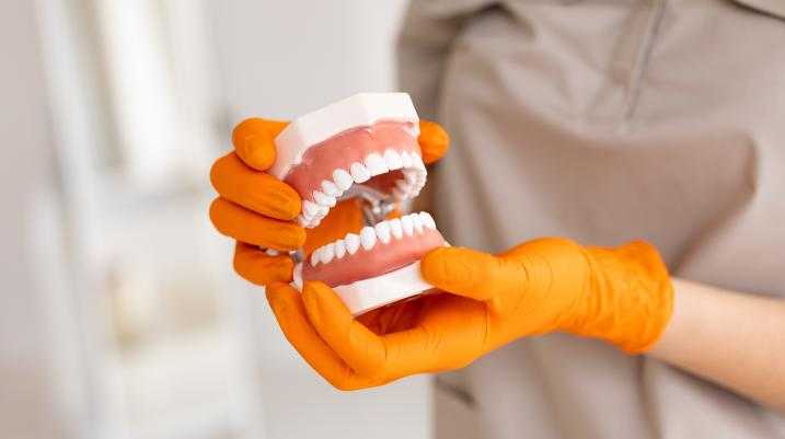 Dentist holding dentures