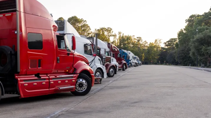 Row of colorful semi trucks lined up at dusk in a truck stop parking area.