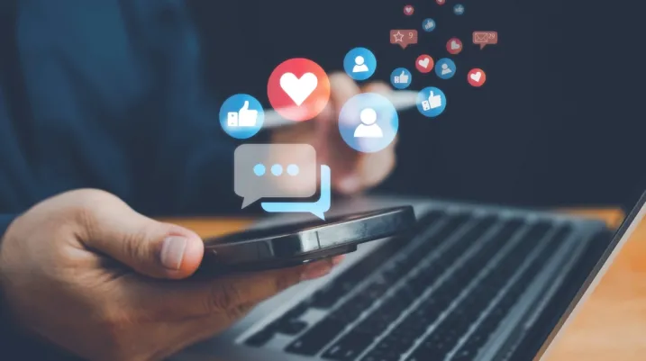 Social media and digital online concept, man using smart phone. The concept of living on vacation and playing social media. Social Distancing ,Working From Home concept. Social media concept.