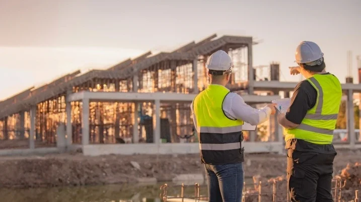 Construction worker helping another worker