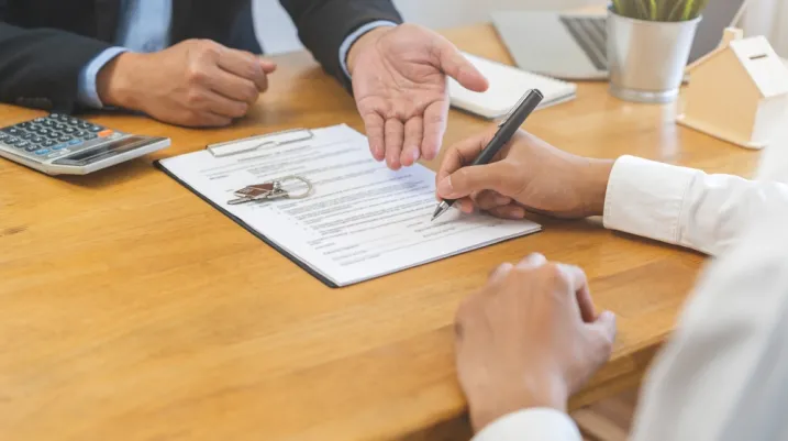 Asian tenant, client man sign signature contract rental purchase, buyer home or apartment with landlord, realtor after banker agreement mortgage, loan success or done. Property lease agent concept.