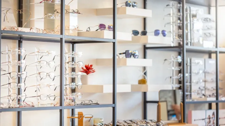 Corrective eye glasses on shelf in optical store, Row of spectacles on shelves in eyeglasses shop