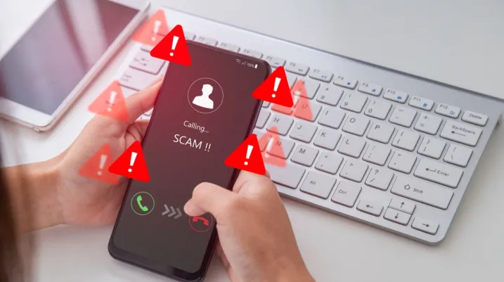Warning against phone scams, It highlights the need to be wary of unknown callers and suspicious messages. Emergency warning alert alarm on Smartphone, Technological vulnerability.