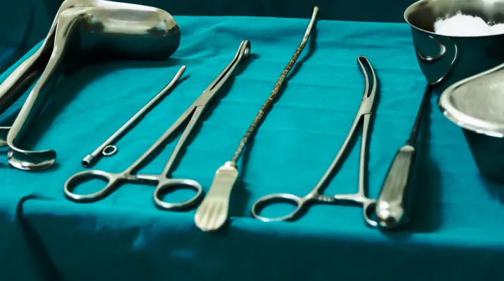 Sterile curettage tools, forceps, retractor in operation room at medical hospital for treatment of abortion, abnormal female menstruation period or bleeding, miss carriage