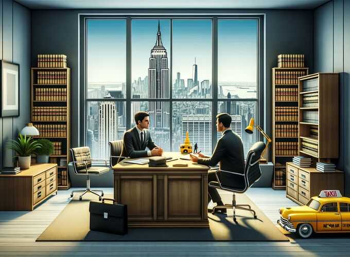 New York car accident law firm office with a clear view of the city skyline and Empire State Building from the window, featuring a lawyer consulting with a client and a yellow taxi model on the desk.