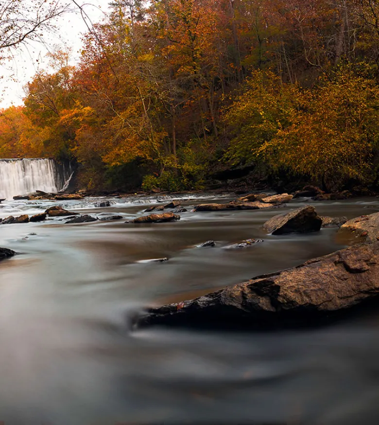 Tranquil Roswell river scene in autumn, embodying the calm assurance offered by local personal injury lawyers.