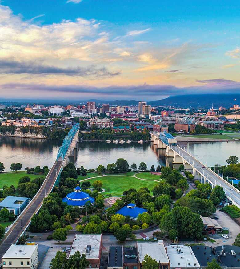 Aerial view of Chattanooga at dusk, showcasing the city's readiness with dedicated personal injury lawyers.