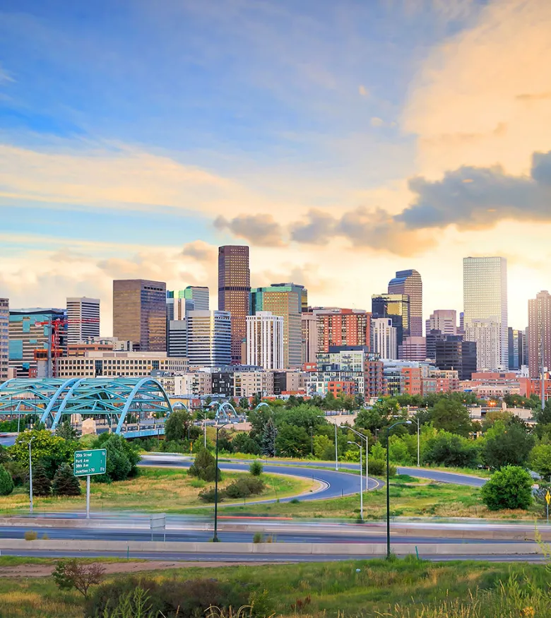 City skyline at sunset