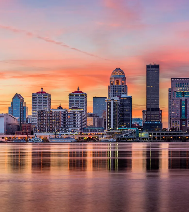 Sunset over city skyline