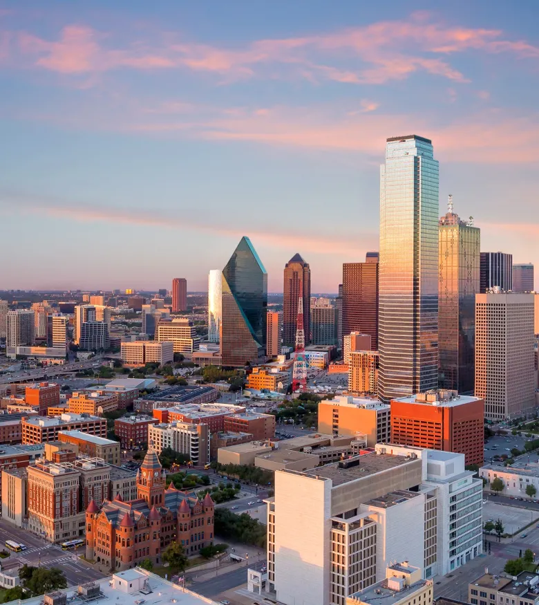 City skyline at sunset