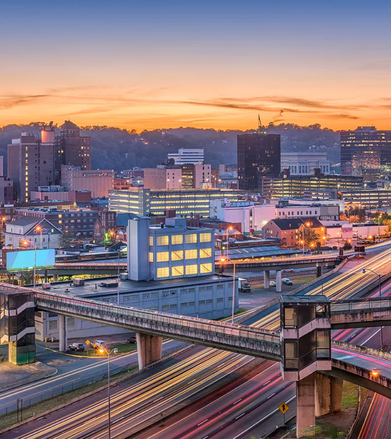 City skyline at sunset