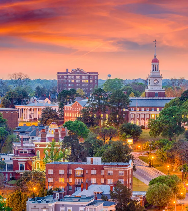 Historic town at sunset